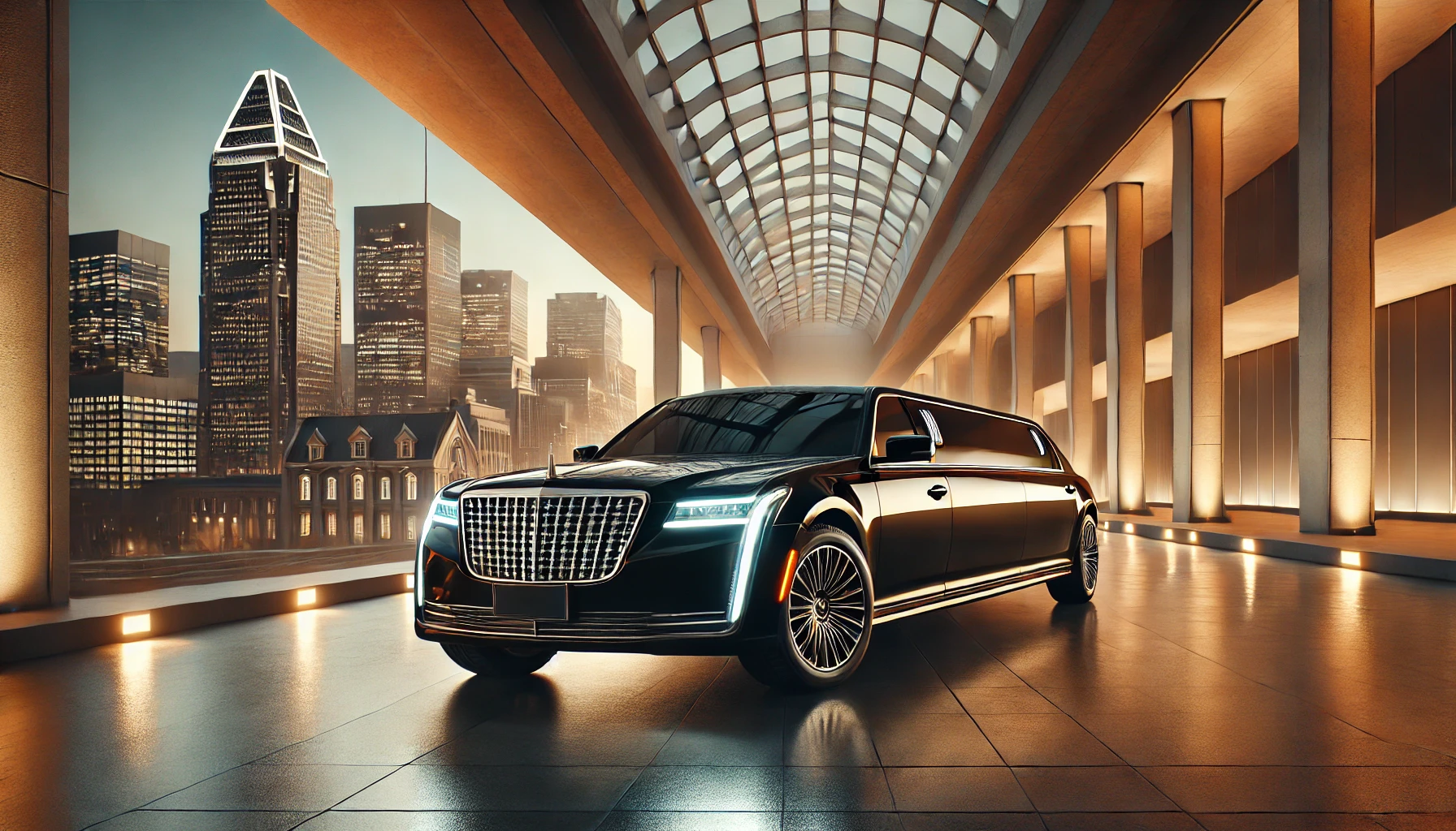 Interior of a limousine with ambient lighting, high-tech controls, and comfortable leather seats, highlighting modern innovation.